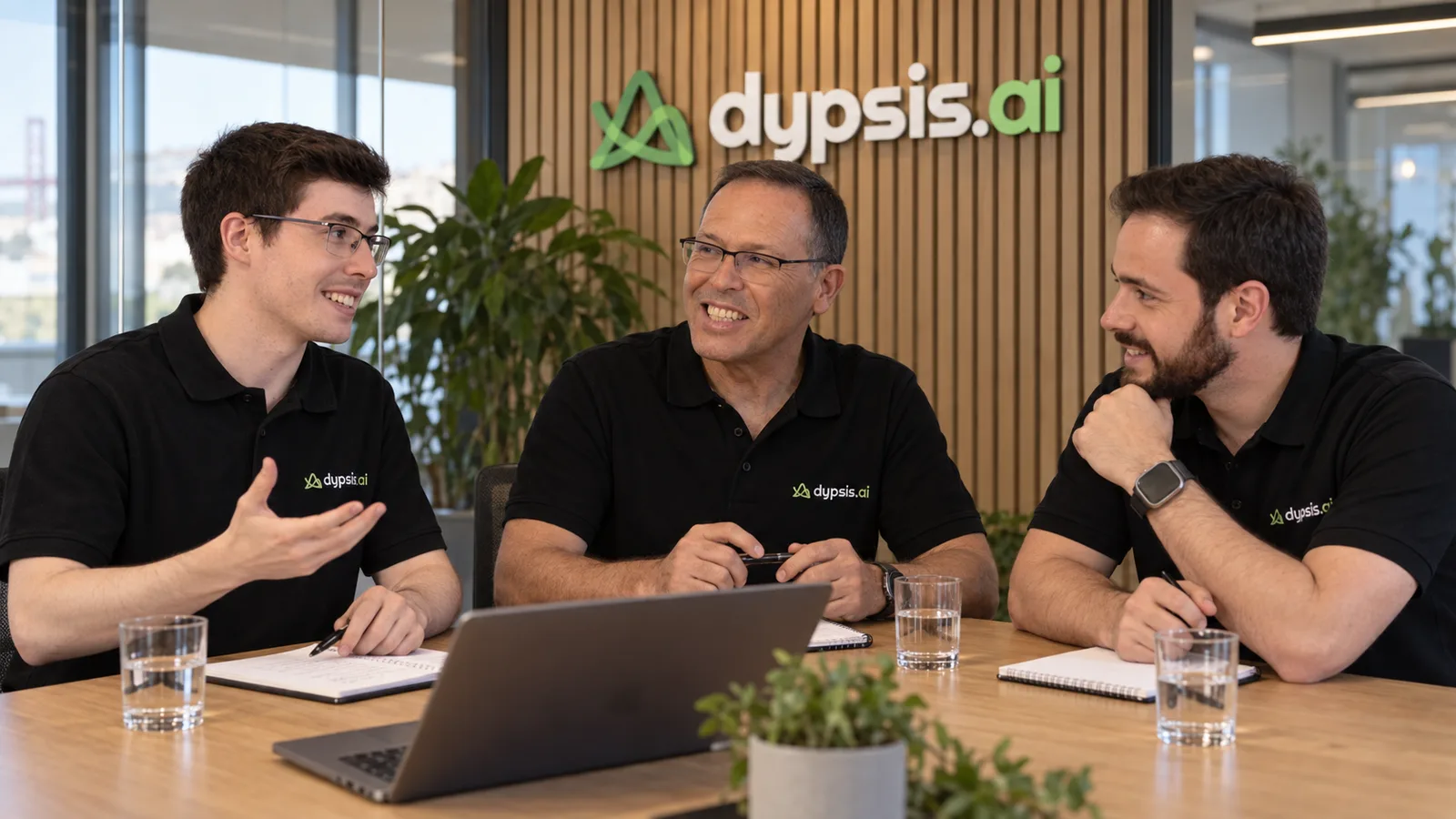 Three of the team in a meeting at the Lisbon office